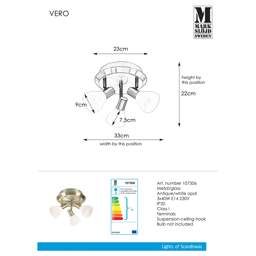Markslöjd 107506 - Φωτιστικό σποτ VERO 3xE14 / 40W / 230V ορείχαλκο