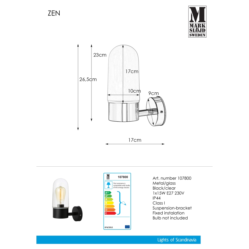 Markslöjd 107800 - Επιτοίχιο φωτιστικό μπάνιου ZEN 1xE27/15W/230V IP44