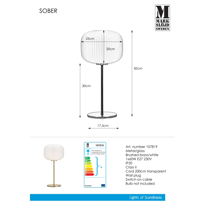 Markslöjd 107819 - Επιτραπέζια λάμπα SOBER 1xE27/60W/230V λευκό / ορείχαλκο