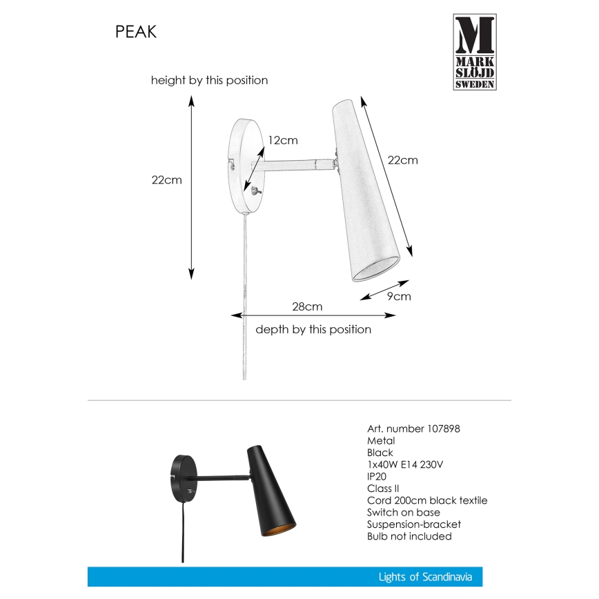 Markslöjd 107898 - Λάμπα τοίχου PEAK 1xE14/40W/230V