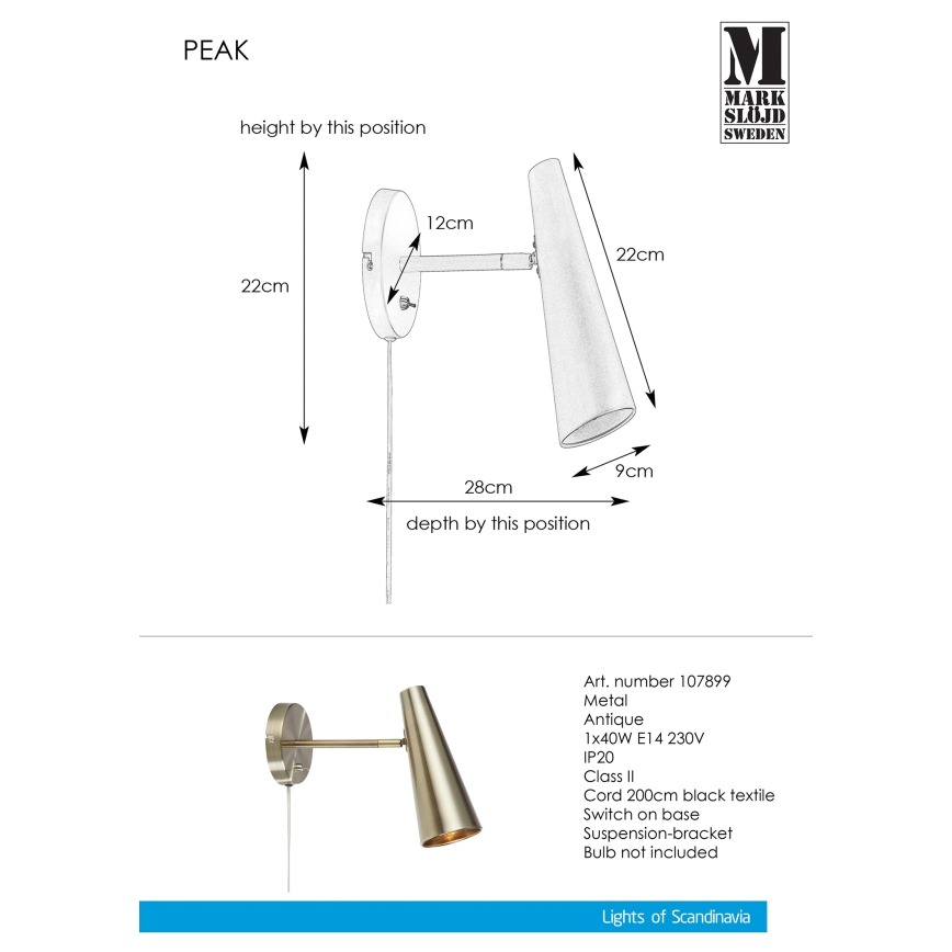 Markslöjd 107899 - Λάμπα τοίχου PEAK 1xE14/40W/230V