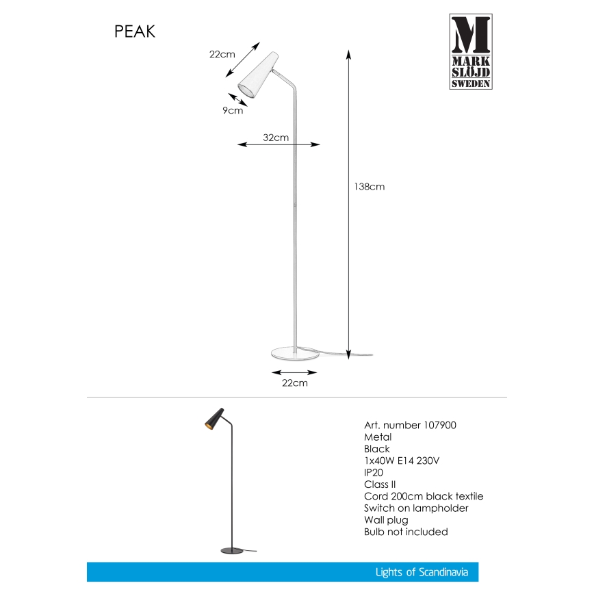 Markslöjd 107900 - Επιδαπέδια λάμπα PEAK 1xE14/40W/230V