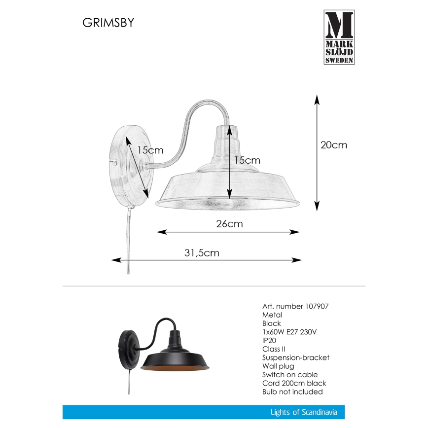 Markslöjd 107907 - Φως τοίχου GRIMSBY 1xE27/60W/230V