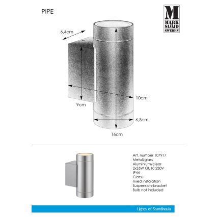 Markslöjd 107917 - Φως τοίχου εξωτερικού χώρου PIPE 2xGU10/35W/230V IP44