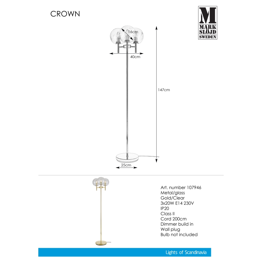 Markslöjd 107946 - Επιδαπέδια λάμπα CROWN 3xE14/20W/230V