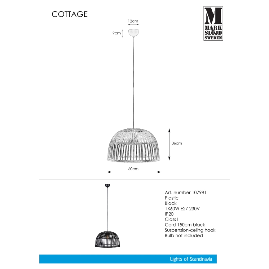 Markslöjd 107981 - Πολύφωτο σε σχοινί COTTAGE 1xE27/60W/230V