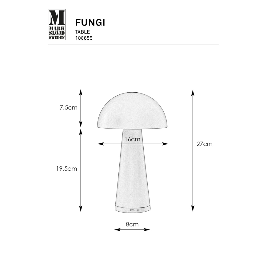 Markslöjd 108655 - LED Dimmable επαναφορτιζόμενο φωτιστικό FUNGI LED/1,5W/5V IP44 μαύρο