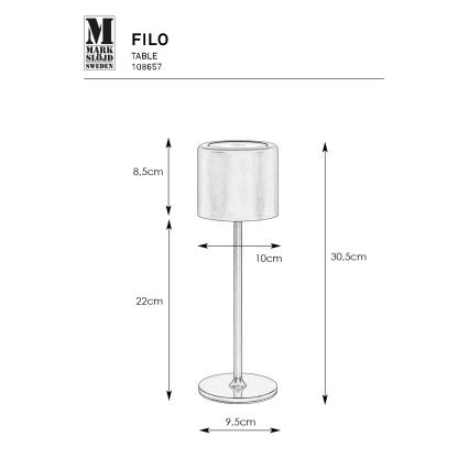Markslöjd 108657 - LED Dimmable επαναφορτιζόμενο φωτιστικό FILO LED/2W/5V IP44 30cm μαύρο