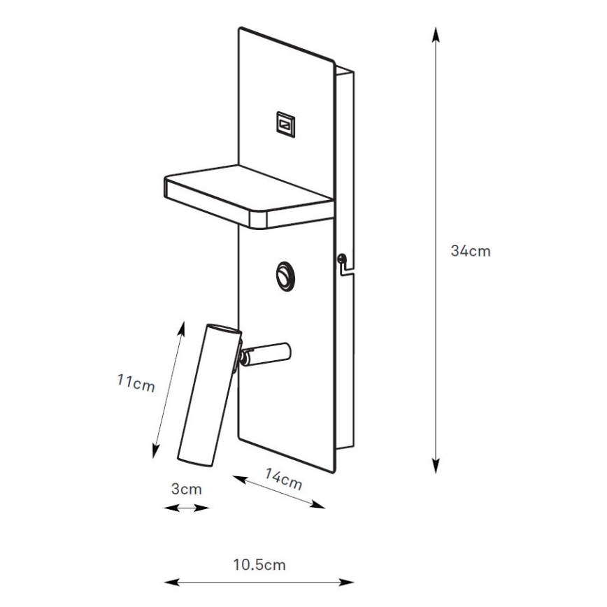 Markslöjd 109018 - Επιτοίχιο σποτ φωτιστικό LED με ραφάκι και θύρα USB CARICA LED/4W/230V μαύρο