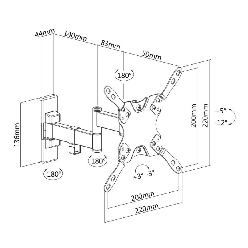MK FLORIA MKF-21DP224 - Επιτοίχια βάση τηλεόρασης με άρθρωση 46 μαύρη