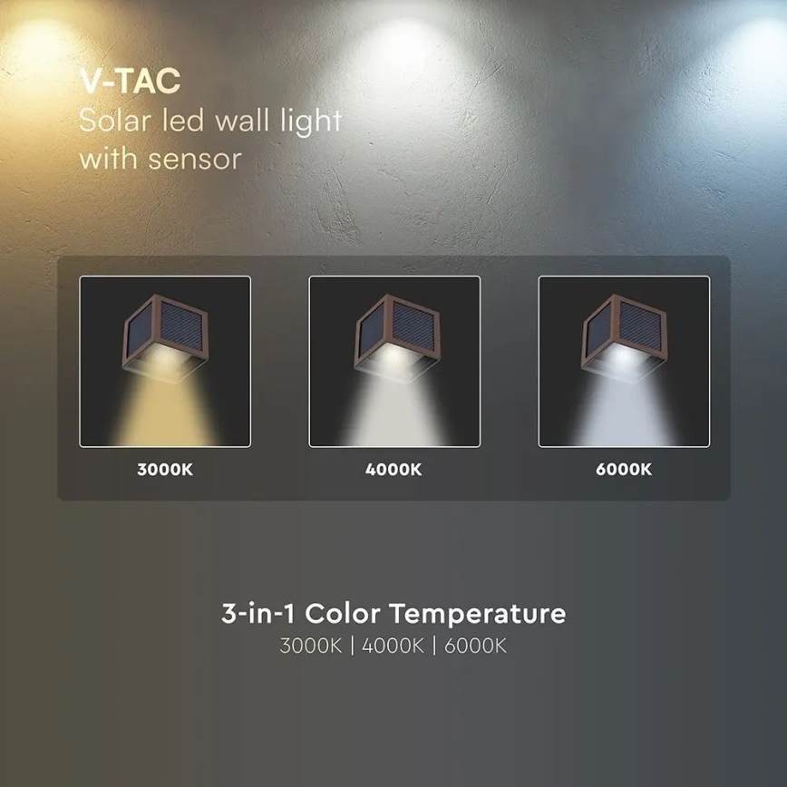 Επιτοίχιο ηλιακό φωτιστικό LED με αισθητήρα LED/9W/3,7V 3000/4000/6000K IP65 2600 mAh καφέ
