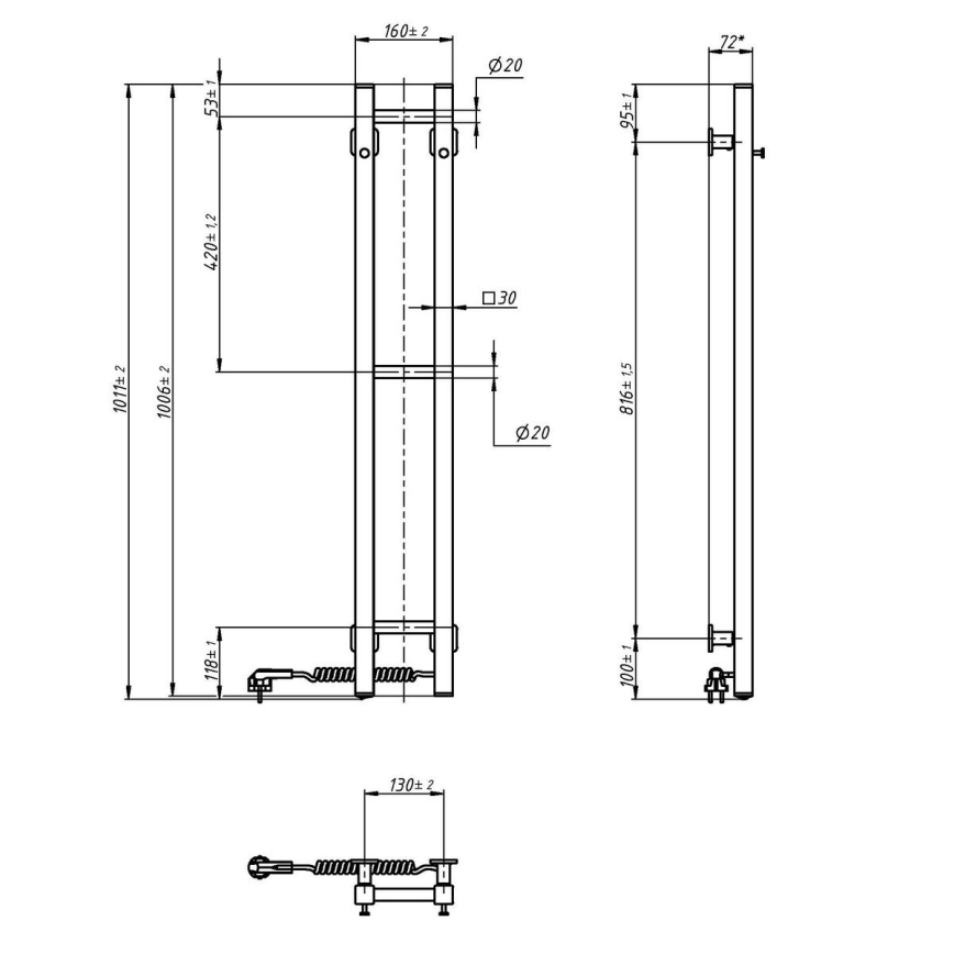 Ηλεκτρική πετσετοκρεμάστρα SILOUETTE 46W, 100x16 cm, μαύρη, για δεξιά τοποθέτηση