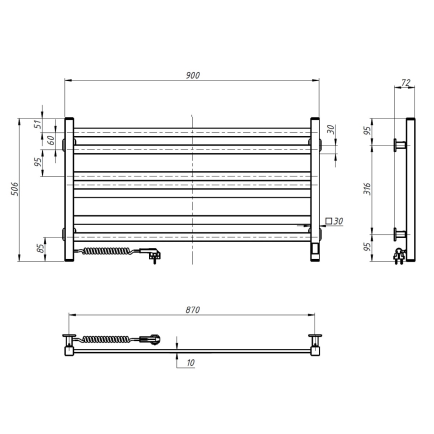 Ηλεκτρική πετσετοκρεμάστρα με θερμοστάτη AVANGARD 181W 50x90 cm λευκή αριστερή