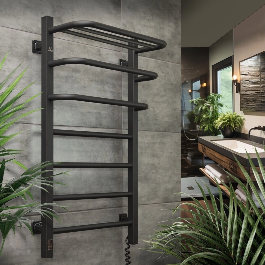 Ηλεκτρική πετσετοκρεμάστρα με θερμοστάτη FORTIS 155W 80x48 cm, μαύρη, δεξιά