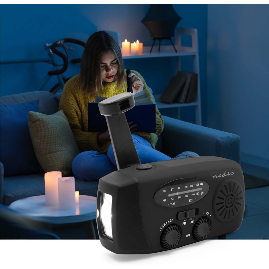 Ραδιόφωνο AM/FM με μανιβέλα για χειροκίνητη φόρτιση, ηλιακό πάνελ και ενσωματωμένο LED φακό — μπαταρία 2000 mAh