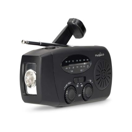 Ραδιόφωνο AM/FM με μανιβέλα για χειροκίνητη φόρτιση, ηλιακό πάνελ και ενσωματωμένο LED φακό — μπαταρία 2000 mAh