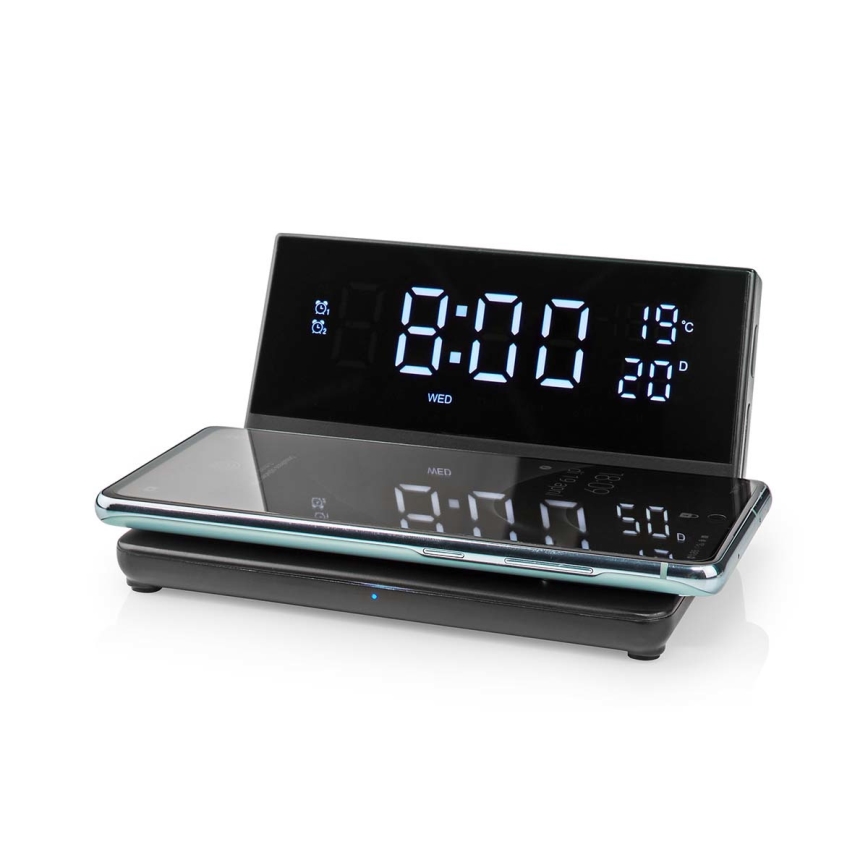 Ρολόι ξυπνητήρι με οθόνη LCD και ασύρματη φόρτιση 15W/5V + 1xCR2032 μαύρο