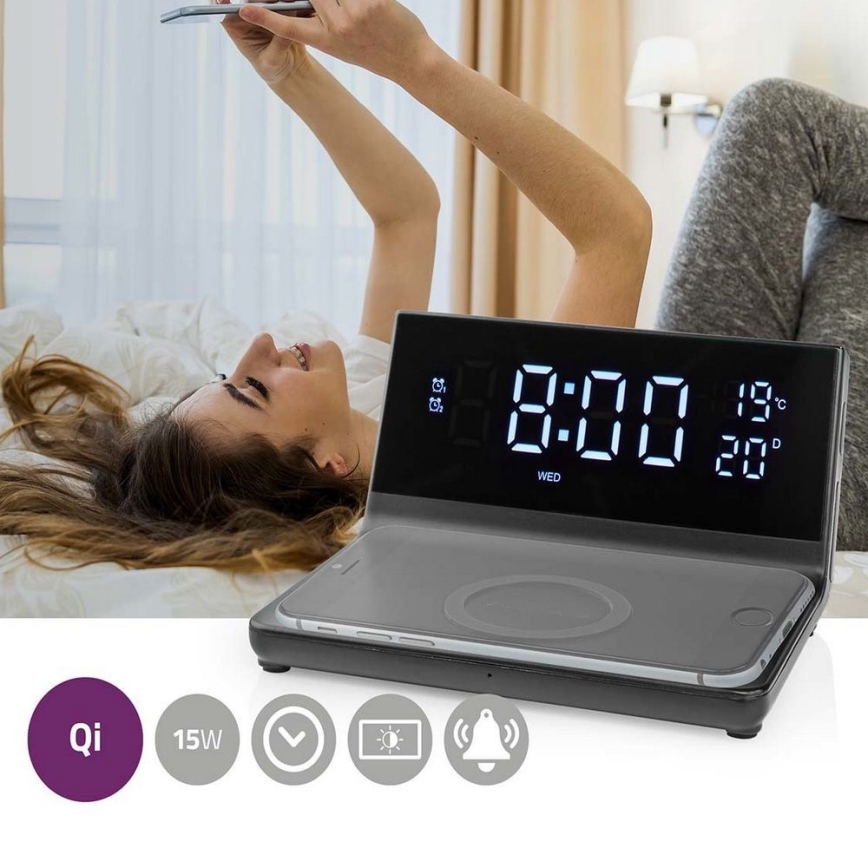 Ρολόι ξυπνητήρι με οθόνη LCD και ασύρματος φορτιστής 15W/230V + 1xCR2032 μαύρο