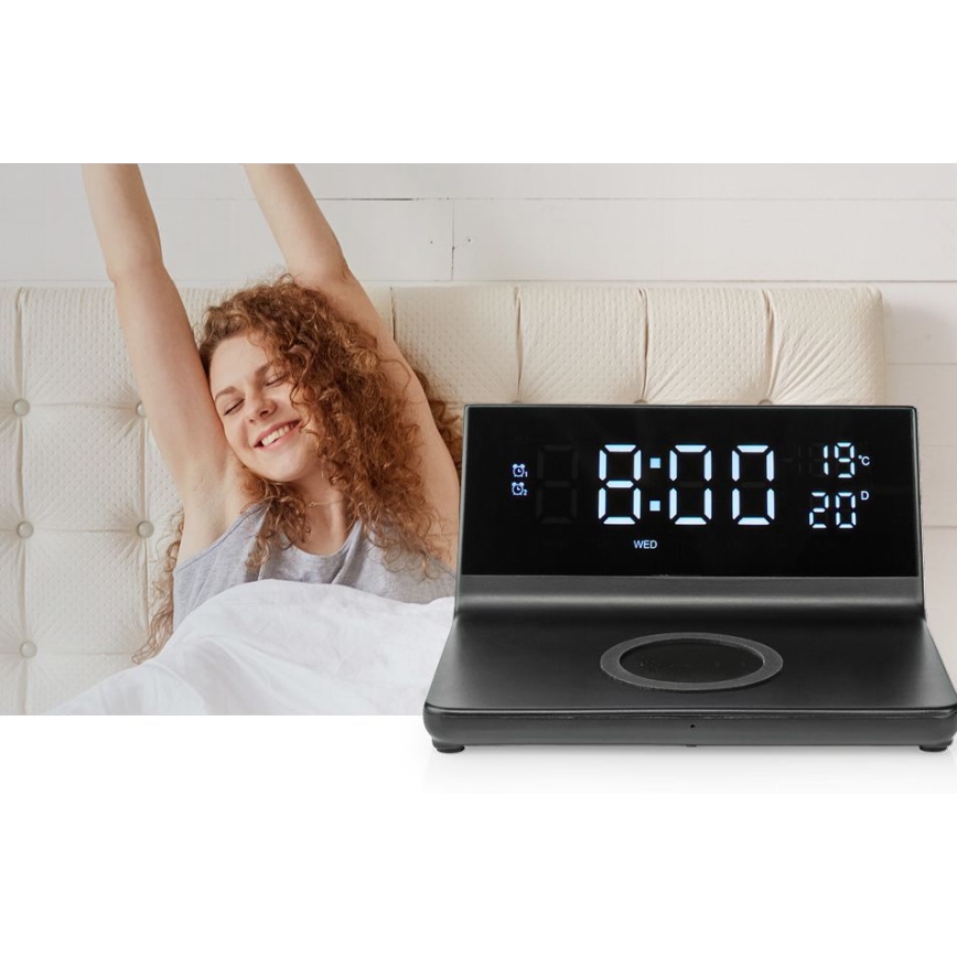 Ρολόι ξυπνητήρι με οθόνη LCD και ασύρματος φορτιστής 15W/230V + 1xCR2032 μαύρο