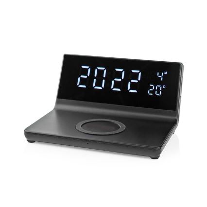 Ρολόι ξυπνητήρι με οθόνη LCD και ασύρματος φορτιστής 15W/230V + 1xCR2032 μαύρο