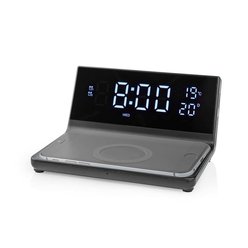 Ρολόι ξυπνητήρι με οθόνη LCD και ασύρματος φορτιστής 15W/230V + 1xCR2032 μαύρο