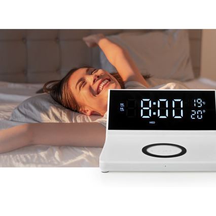 Ρολόι ξυπνητήρι με οθόνη LCD και ασύρματη φόρτιση 15W/5V + 1xCR2032 λευκό