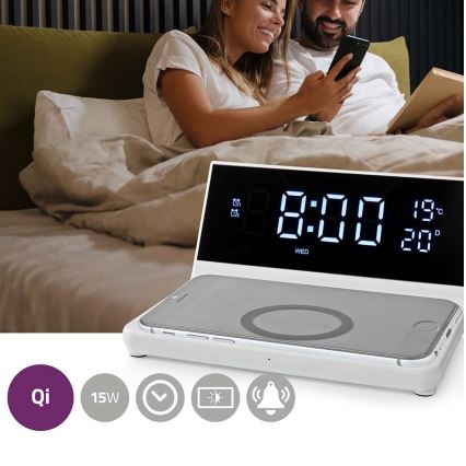 Ρολόι ξυπνητήρι με οθόνη LCD και ασύρματος φορτιστής 15W/230V + 1xCR2032 λευκό