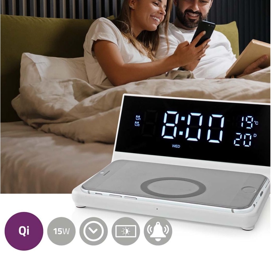 Ρολόι ξυπνητήρι με οθόνη LCD και ασύρματος φορτιστής 15W/230V + 1xCR2032 λευκό