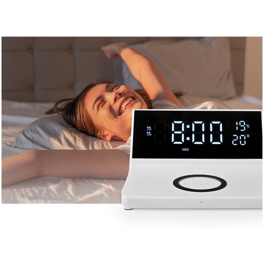 Ρολόι ξυπνητήρι με οθόνη LCD και ασύρματος φορτιστής 15W/230V + 1xCR2032 λευκό