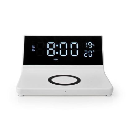 Ρολόι ξυπνητήρι με οθόνη LCD και ασύρματος φορτιστής 15W/230V + 1xCR2032 λευκό