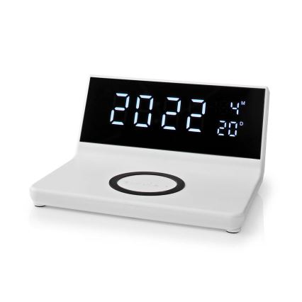 Ρολόι ξυπνητήρι με οθόνη LCD και ασύρματος φορτιστής 15W/230V + 1xCR2032 λευκό
