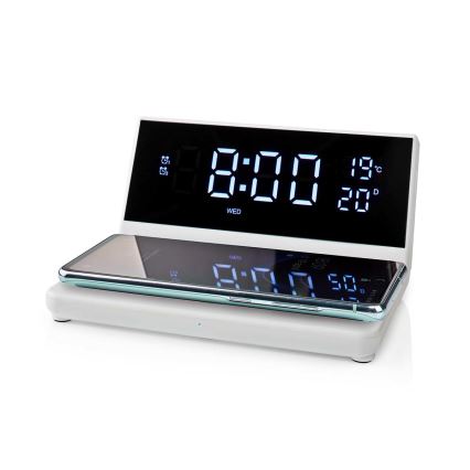 Ρολόι ξυπνητήρι με οθόνη LCD και ασύρματος φορτιστής 15W/230V + 1xCR2032 λευκό