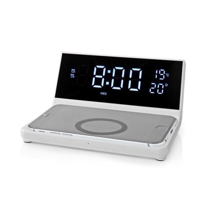 Ρολόι ξυπνητήρι με οθόνη LCD και ασύρματος φορτιστής 15W/230V + 1xCR2032 λευκό