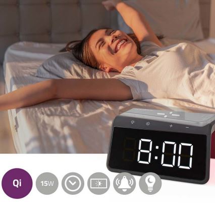 Ρολόι ξυπνητήρι με οθόνη LCD και ασύρματος φορτιστής 15W/230V 1x CR2032 μαύρο