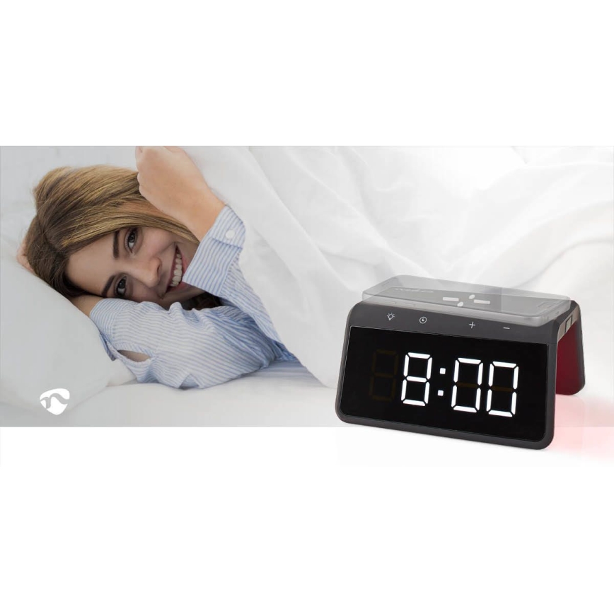 Ρολόι ξυπνητήρι με οθόνη LCD και ασύρματος φορτιστής 15W/230V 1x CR2032 μαύρο