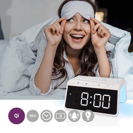 Ρολόι ξυπνητήρι με οθόνη LCD και ασύρματος φορτιστής 15W/230V 1x CR2032 λευκό