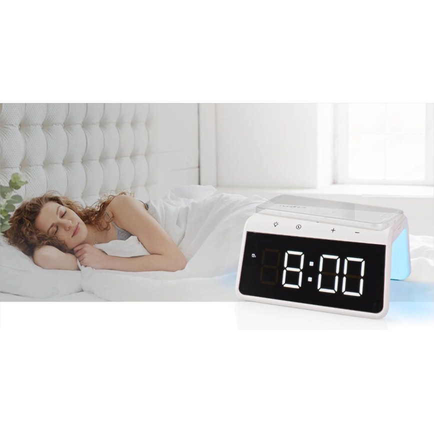 Ρολόι ξυπνητήρι με οθόνη LCD και ασύρματος φορτιστής 15W/230V 1x CR2032 λευκό