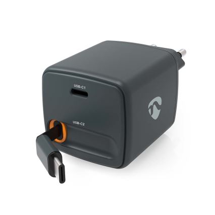 Φορτιστής με ανασυρόμενο καλώδιο Power Delivery 30W, 2× USB-C, μαύρος