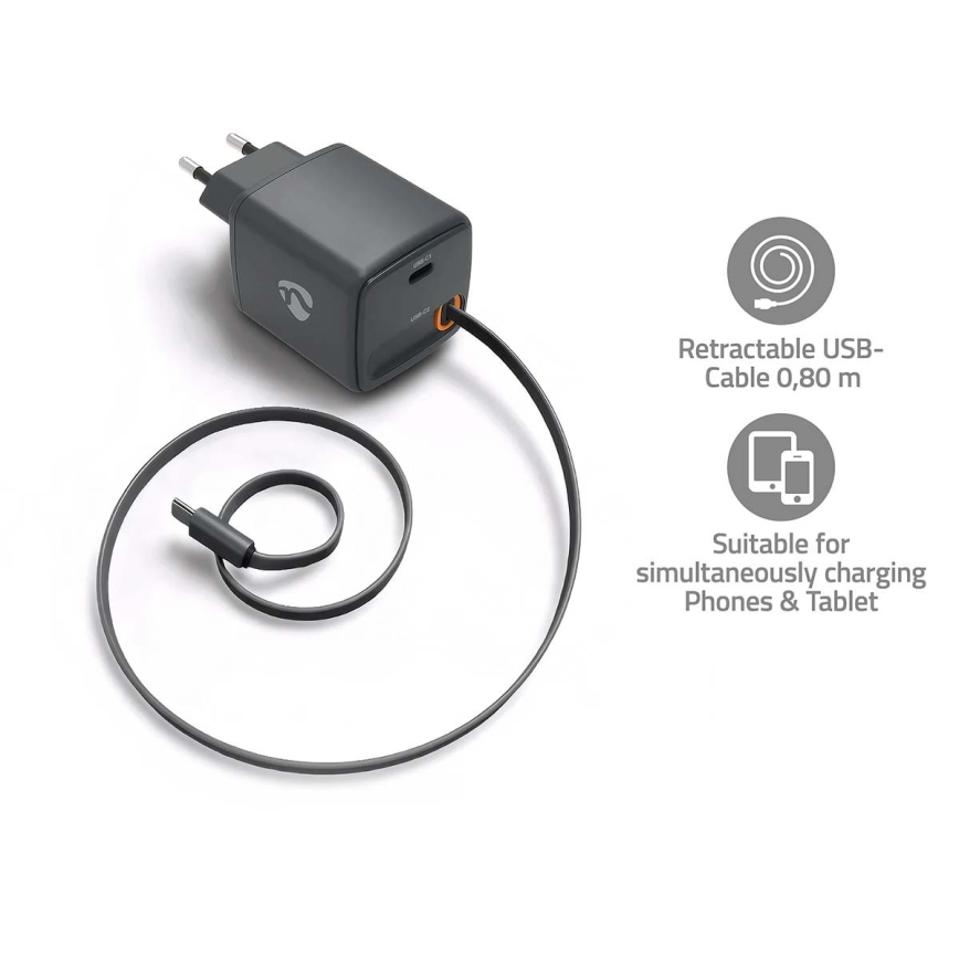 Φορτιστής με ανασυρόμενο καλώδιο Power Delivery 30W, 2× USB-C, μαύρος