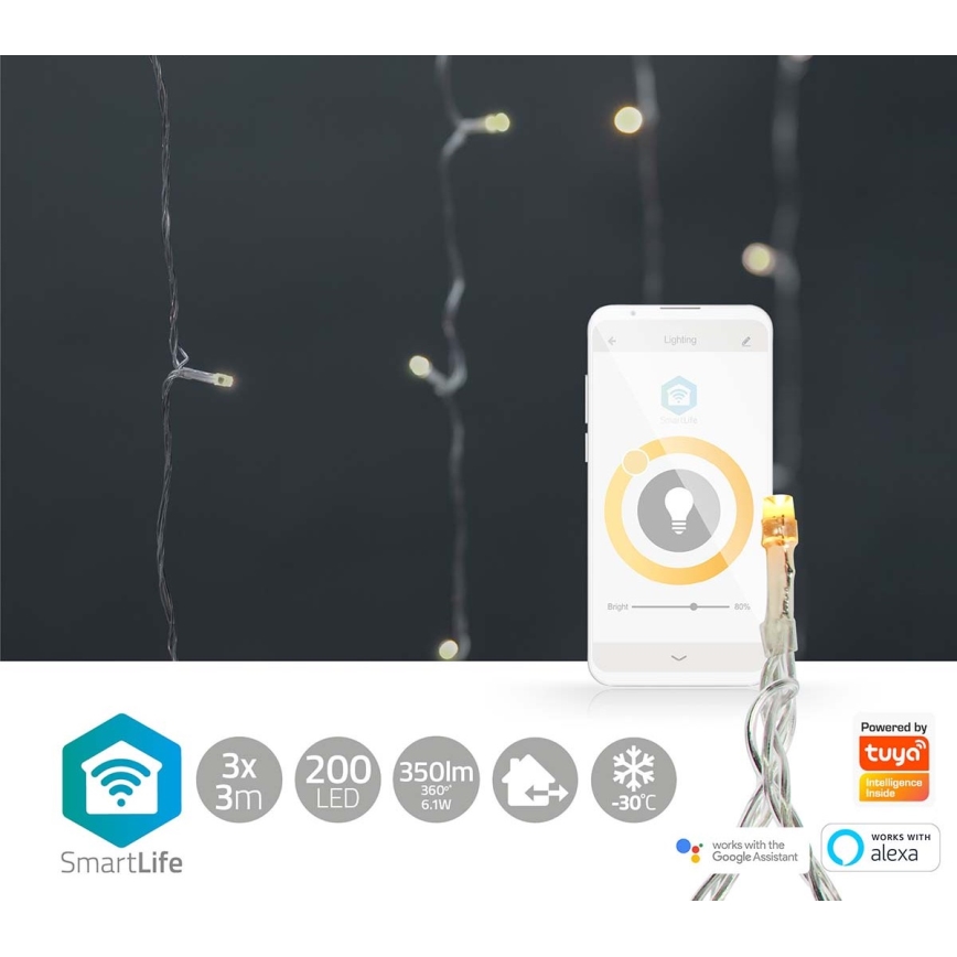 Χριστουγεννιάτικα λαμπάκια κουρτίνα LED 200xLED/8 λειτουργίες 6m IP65 Wi-Fi Tuya ζεστό λευκό