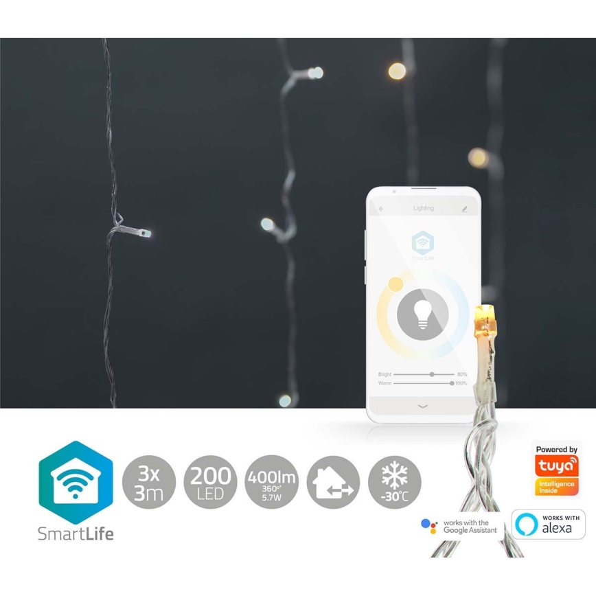 Χριστουγεννιάτικη κουρτίνα LED 200xLED / 11 λειτουργίες, 6 m, IP65, Wi‑Fi Tuya, από θερμό έως ψυχρό λευκό