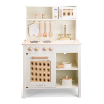 New Classic Toys - Ξύλινη κουζίνα με αξεσουάρ λευκό/rattan