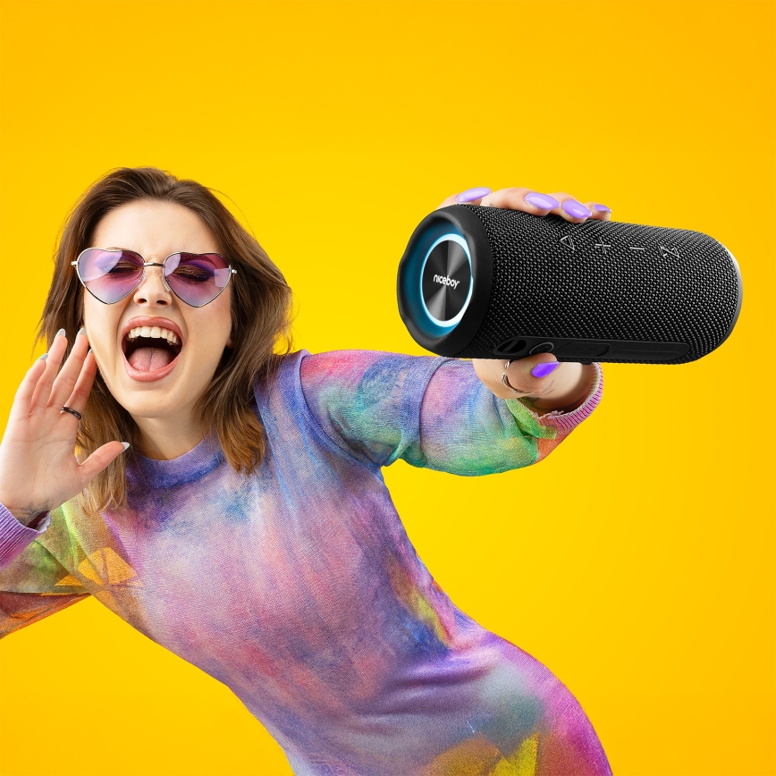 Niceboy Nexus - LED Ασύρματο ηχείο με μικρόφωνο 26W/4000 mAh IPX6 μαύρο