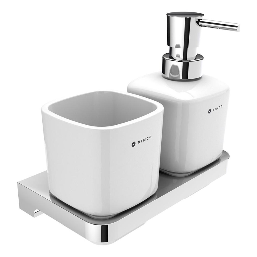 NIMCO MA 2905831K-T-26 - Ντισπένσερ υγρού σαπουνιού τοίχου και θήκη για οδοντόβουρτσες MAYA 320 mm λευκό/γυαλιστερό χρώμιο