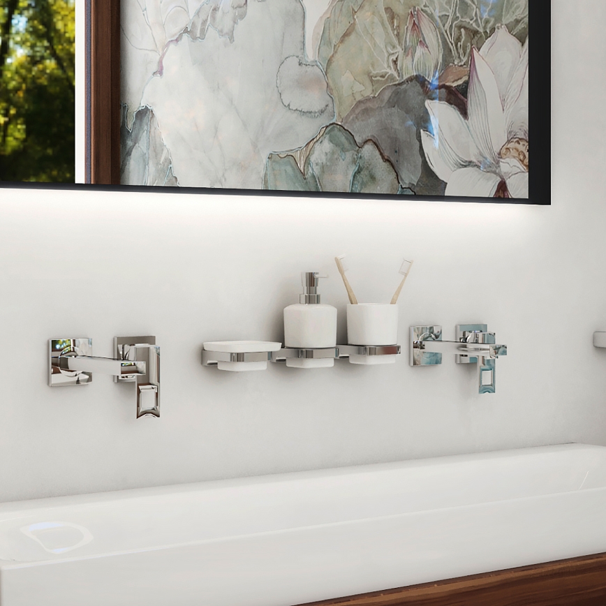 NIMCO MA set-31K-26 - Επιτοίχιος διανομέας σαπουνιού, βάση οδοντόβουρτσας και γάντζος τοίχου MAYA 320 mm λευκό/γυαλιστερό χρώμιο