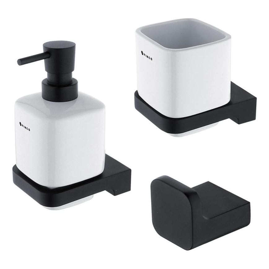 NIMCO MAC set-31K-T-90 - Επιτοίχιος διανομέας σαπουνιού, θήκη οδοντόβουρτσας και γάντζος τοίχου MAYA 320 mm λευκό/μαύρο ματ