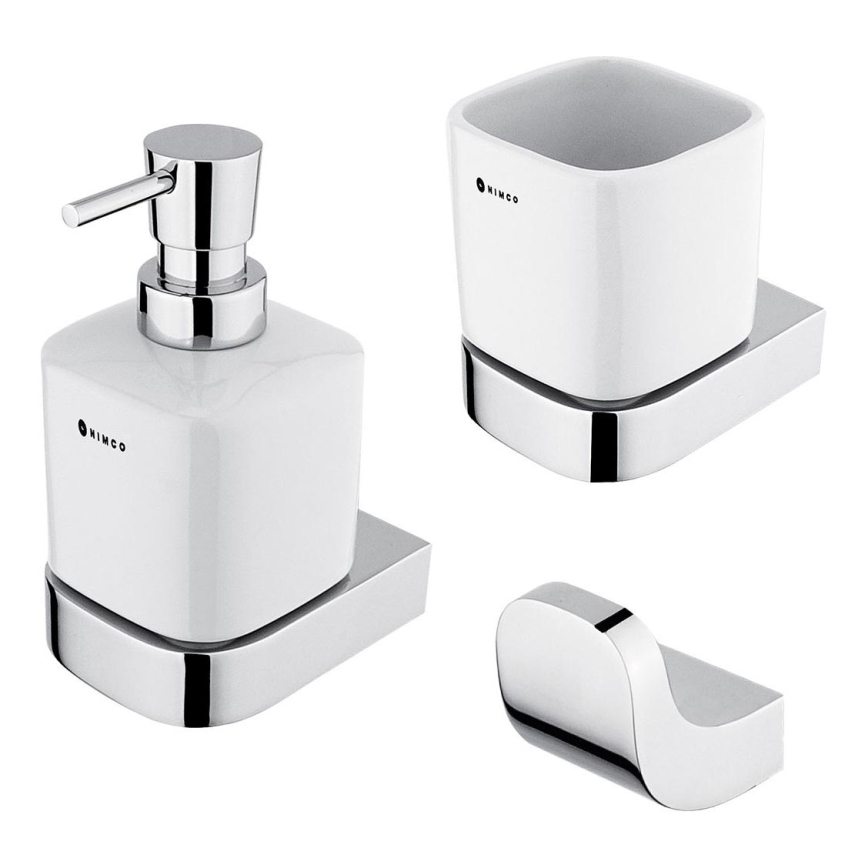 NIMCO NK set-31K-26 - Επιτοίχιος διανομέας σαπουνιού, θήκη οδοντόβουρτσας και γάντζος τοίχου NIKAU 320 mm λευκό/γυαλιστερό χρώμιο