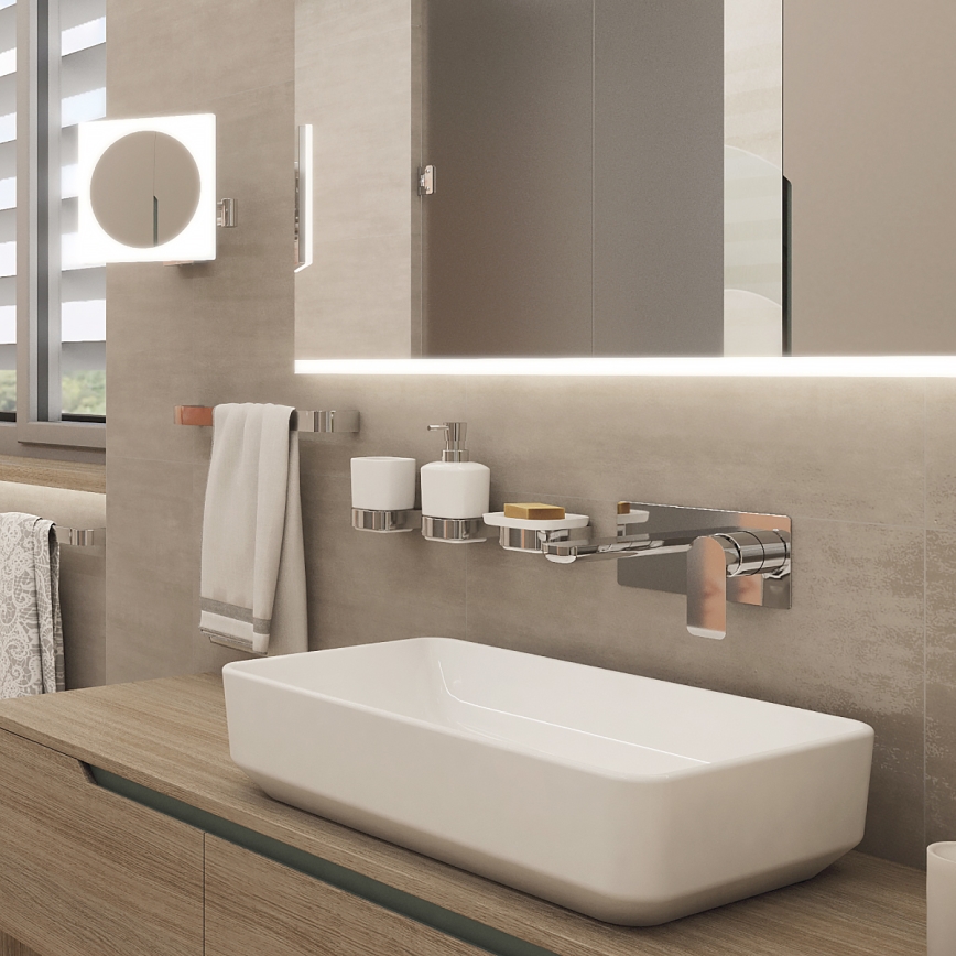 NIMCO NK set-31K-26 - Επιτοίχιος διανομέας σαπουνιού, θήκη οδοντόβουρτσας και γάντζος τοίχου NIKAU 320 mm λευκό/γυαλιστερό χρώμιο