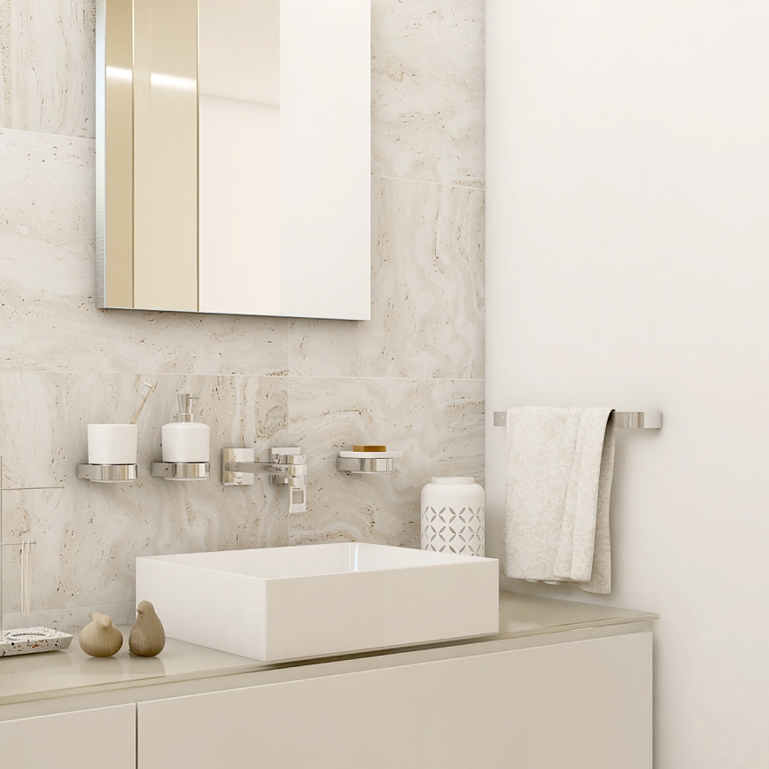 NIMCO NK set-31K-26 - Επιτοίχιος διανομέας σαπουνιού, θήκη οδοντόβουρτσας και γάντζος τοίχου NIKAU 320 mm λευκό/γυαλιστερό χρώμιο