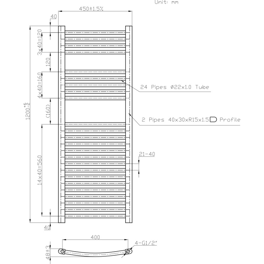 Novaservis - Θερμαντικό σώμα (πετσετοκρεμάστρα) τύπου σκάλα για μπάνιο 490W/230V 120x45 cm, λευκό, στρογγυλεμένο